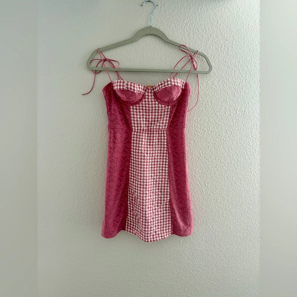 Urban Outfitters Pink Gingham Corset Mini Dress Eyelet Bustier SP - Picture 3 of 15